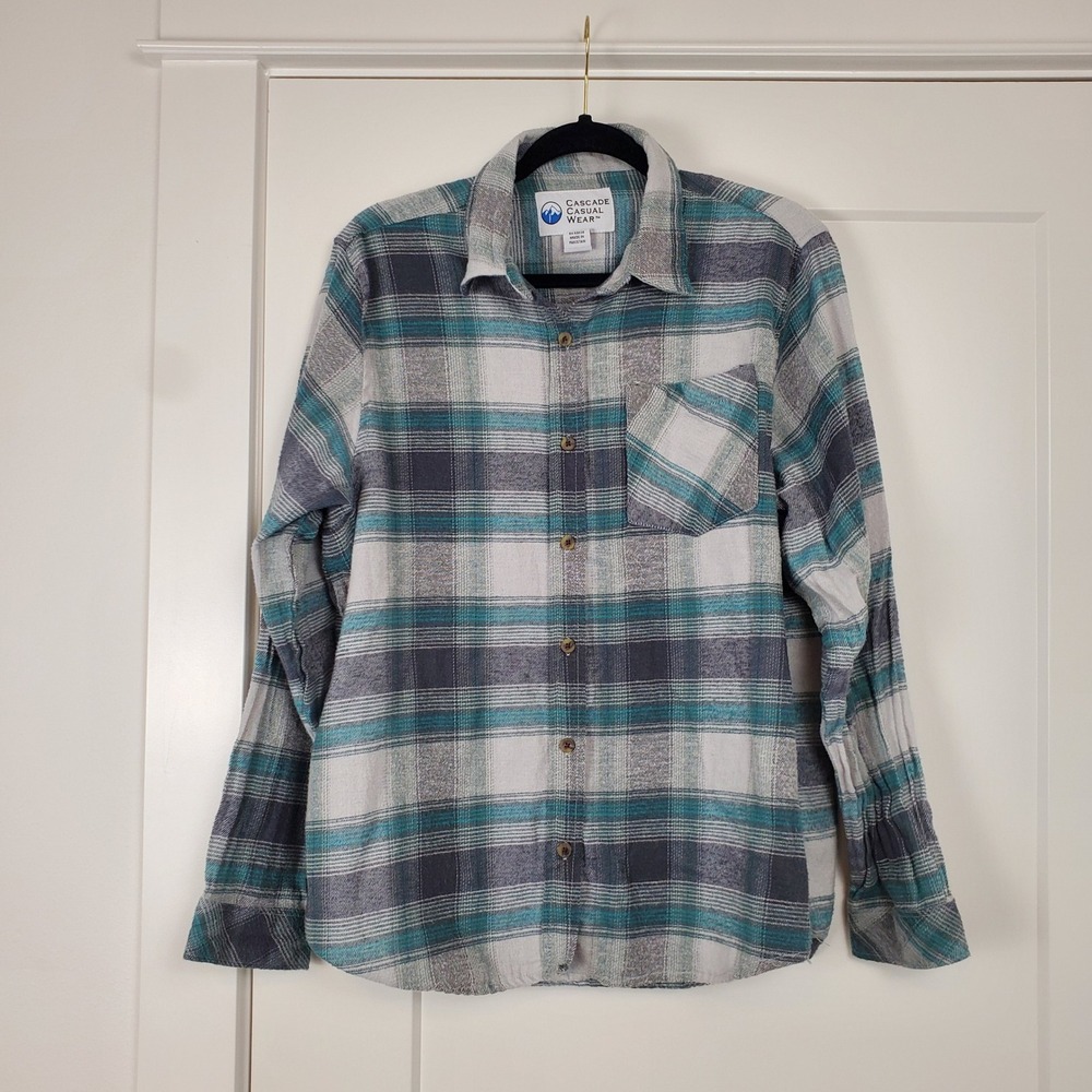 Cascade Casual Wear Flannel Shirt Mens XL Teal Grey Plaid Button Up Long Sleeve